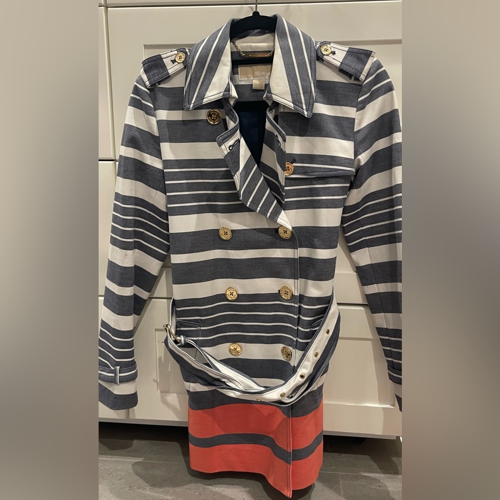 MICHAEL Michael Kors Navy/gray and White Striped Trench Coat